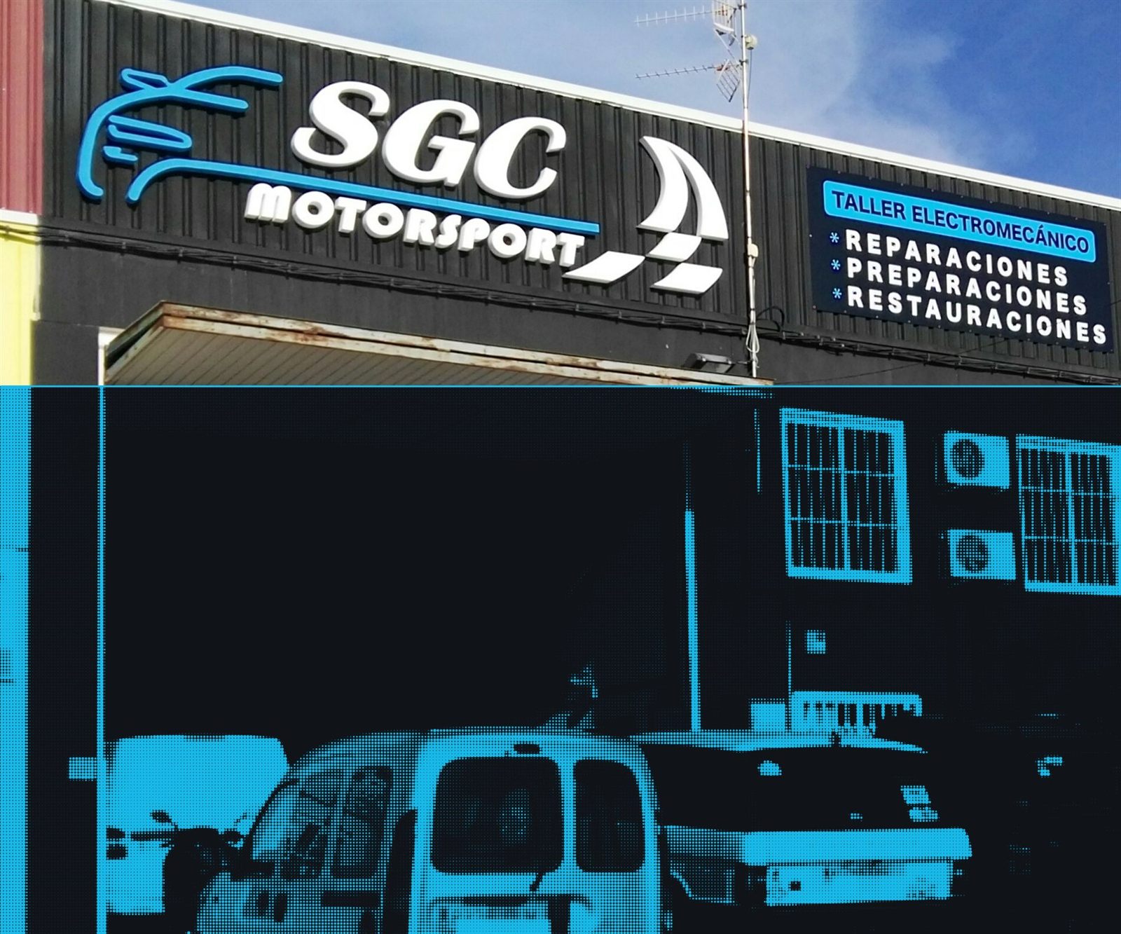 Fachada del taller SGC Motorsport en el polígono de Águilas, con el rótulo iluminado y el patio de entrada